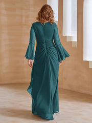 Robe en Mousseline de A-ligne à Col en V avec Manches Longues Longueur au Sol Paon Grande Taille