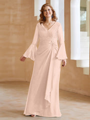 Robe en Mousseline de A-ligne à Col en V avec Manches Longues Longueur au Sol Rose Perle Grande Taille