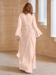 Robe en Mousseline de A-ligne à Col en V avec Manches Longues Longueur au Sol Rose Perle