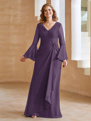 Robe en Mousseline de A-ligne à Col en V avec Manches Longues Longueur au Sol Plum