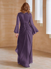 Robe en Mousseline de A-ligne à Col en V avec Manches Longues Longueur au Sol Plum