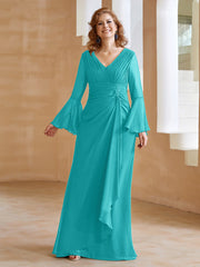 Robe en Mousseline de A-ligne à Col en V avec Manches Longues Longueur au Sol Piscine Grande Taille