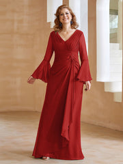 Robe en Mousseline de A-ligne à Col en V avec Manches Longues Longueur au Sol Rouge