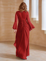 Robe en Mousseline de A-ligne à Col en V avec Manches Longues Longueur au Sol Rouge