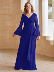Robe en Mousseline de A-ligne à Col en V avec Manches Longues Longueur au Sol Bleu Royale Grande Taille