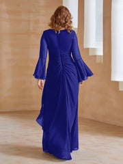 Robe en Mousseline de A-ligne à Col en V avec Manches Longues Longueur au Sol Bleu Royale