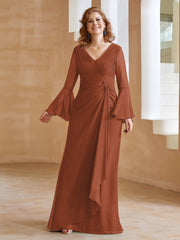 Robe en Mousseline de A-ligne à Col en V avec Manches Longues Longueur au Sol Rouille Grande Taille