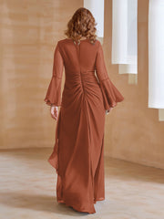 Robe en Mousseline de A-ligne à Col en V avec Manches Longues Longueur au Sol Rouille