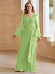 Robe en Mousseline de A-ligne à Col en V avec Manches Longues Longueur au Sol Sauge Grande Taille