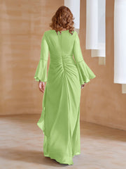 Robe en Mousseline de A-ligne à Col en V avec Manches Longues Longueur au Sol Sauge Grande Taille