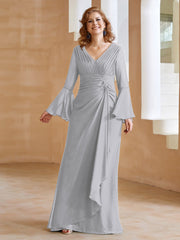 Robe en Mousseline de A-ligne à Col en V avec Manches Longues Longueur au Sol Argent