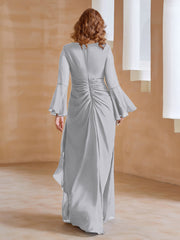 Robe en Mousseline de A-ligne à Col en V avec Manches Longues Longueur au Sol Argent Grande Taille