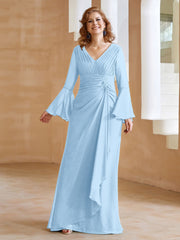 Robe en Mousseline de A-ligne à Col en V avec Manches Longues Longueur au Sol Bleu Ciel Grande Taille
