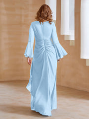 Robe en Mousseline de A-ligne à Col en V avec Manches Longues Longueur au Sol Bleu Ciel Grande Taille