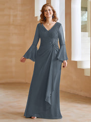 Robe en Mousseline de A-ligne à Col en V avec Manches Longues Longueur au Sol Bleu de Schiste Grande Taille