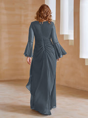Robe en Mousseline de A-ligne à Col en V avec Manches Longues Longueur au Sol Bleu de Schiste Grande Taille