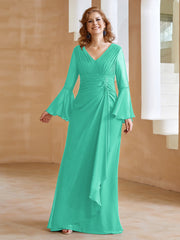 Robe en Mousseline de A-ligne à Col en V avec Manches Longues Longueur au Sol Spa Grande Taille