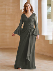 Robe en Mousseline de A-ligne à Col en V avec Manches Longues Longueur au Sol Gris Acier Grande Taille