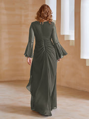 Robe en Mousseline de A-ligne à Col en V avec Manches Longues Longueur au Sol Gris Acier Grande Taille