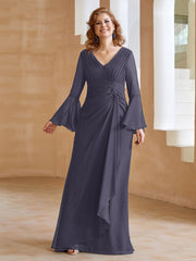 Robe en Mousseline de A-ligne à Col en V avec Manches Longues Longueur au Sol Orageux