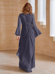 Robe en Mousseline de A-ligne à Col en V avec Manches Longues Longueur au Sol Orageux