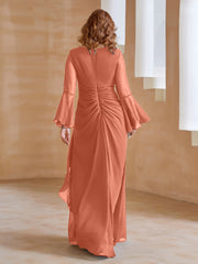 Robe en Mousseline de A-ligne à Col en V avec Manches Longues Longueur au Sol Crépuscule Grande Taille