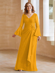Robe en Mousseline de A-ligne à Col en V avec Manches Longues Longueur au Sol Mandarine Grande Taille