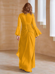 Robe en Mousseline de A-ligne à Col en V avec Manches Longues Longueur au Sol Mandarine Grande Taille