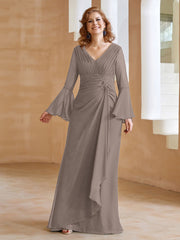 Robe en Mousseline de A-ligne à Col en V avec Manches Longues Longueur au Sol Taupe