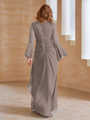 Robe en Mousseline de A-ligne à Col en V avec Manches Longues Longueur au Sol Taupe Grande Taille