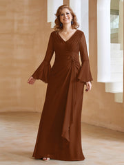 Robe en Mousseline de A-ligne à Col en V avec Manches Longues Longueur au Sol Terracotta