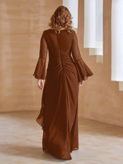 Robe en Mousseline de A-ligne à Col en V avec Manches Longues Longueur au Sol Terracotta Grande Taille