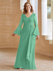 Robe en Mousseline de A-ligne à Col en V avec Manches Longues Longueur au Sol Turquoise