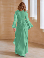 Robe en Mousseline de A-ligne à Col en V avec Manches Longues Longueur au Sol Turquoise