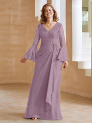 Robe en Mousseline de A-ligne à Col en V avec Manches Longues Longueur au Sol Vintage Mauve Grande Taille