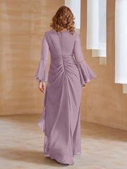 Robe en Mousseline de A-ligne à Col en V avec Manches Longues Longueur au Sol Vintage Mauve