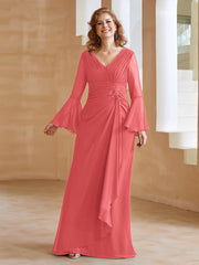 Robe en Mousseline de A-ligne à Col en V avec Manches Longues Longueur au Sol Pastèque