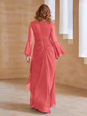 Robe en Mousseline de A-ligne à Col en V avec Manches Longues Longueur au Sol Pastèque Grande Taille