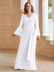 Robe en Mousseline de A-ligne à Col en V avec Manches Longues Longueur au Sol Blanc