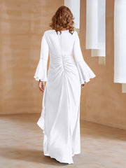 Robe en Mousseline de A-ligne à Col en V avec Manches Longues Longueur au Sol Blanc