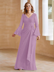 Robe en Mousseline de A-ligne à Col en V avec Manches Longues Longueur au Sol Glycine
