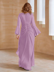 Robe en Mousseline de A-ligne à Col en V avec Manches Longues Longueur au Sol Glycine