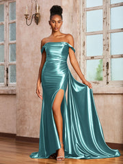 Robe en Satin Extensible à Hors de l'Épaule avec Traîne de Balayage Teal