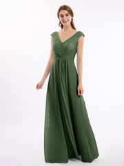 Mancherons Mousseline Et Dentelle Robe Avec Col En V Olive Verte