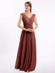 Mancherons Mousseline Et Dentelle Robe Avec Col En V terracotta