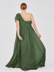 Robe avec Une Epaule Manches Flottantes Mousseline Olive Verte