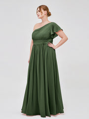 Robe avec Une Epaule Manches Flottantes Mousseline Olive Verte Grande Taille