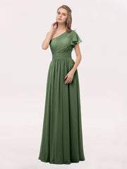 Robe avec Une Epaule Manches Flottantes Mousseline Olive Verte