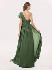 Robe avec Une Epaule Manches Flottantes Mousseline Olive Verte