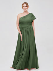 Robe avec Une Epaule Manches Flottantes Mousseline Olive Verte Grande Taille